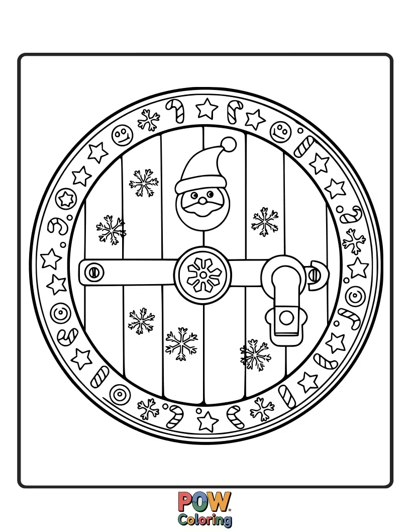 Free coloring page of The grand entrance to Santa's workshop, adorned with festive decorations and ready for an adventurous spirit.