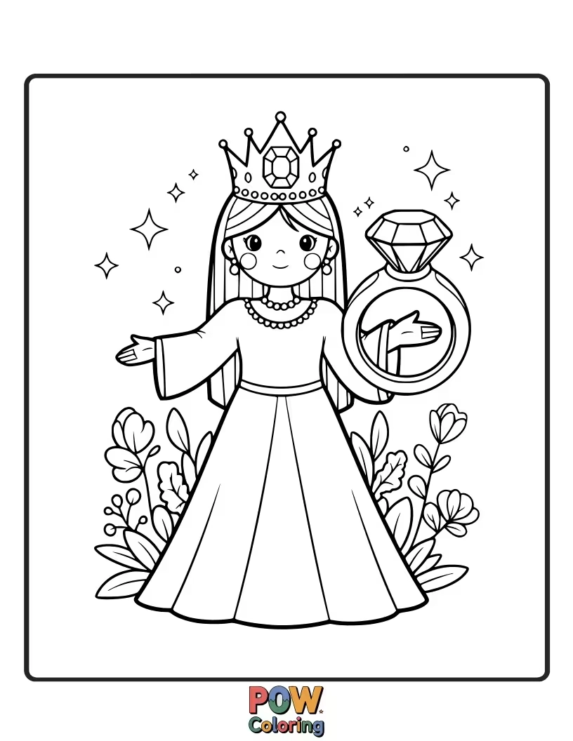 Free coloring page of A refined princess wearing an elegant ring with a deep blue sapphire.
