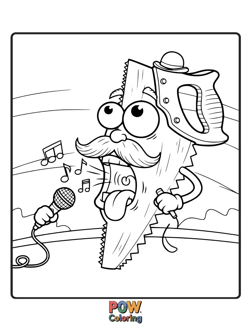 Free coloring page of A happy hand saw "cutting" a cloud while humming a tune.