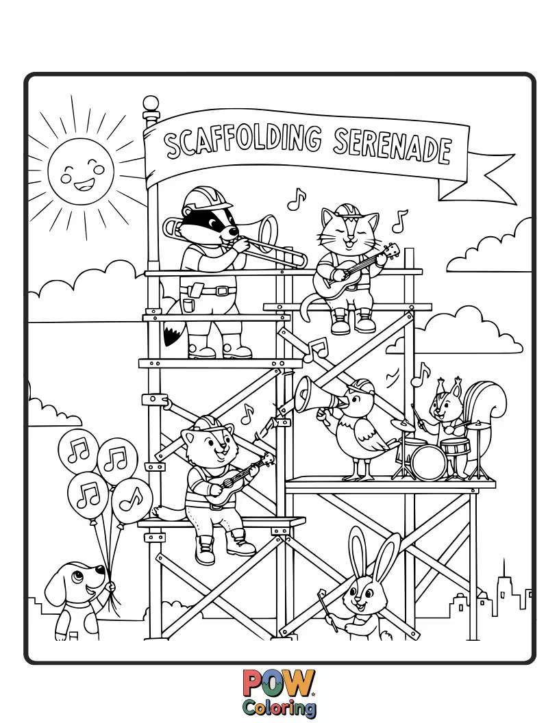 Free coloring page of A small bird singing a song from an artistic scaffolding structure.