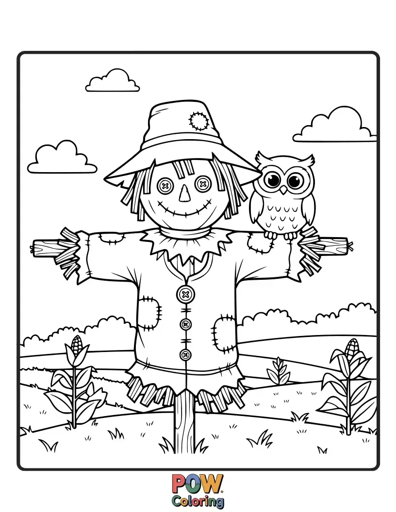Free coloring page of An adorable owl dressed as a scarecrow, standing in a cornfield.