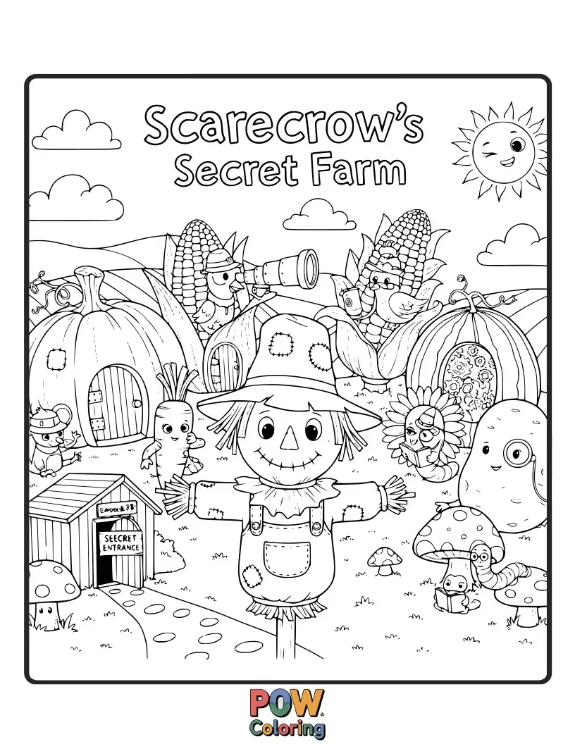 Free coloring page of A friendly scarecrow sharing secrets with the busy farm animals around him.