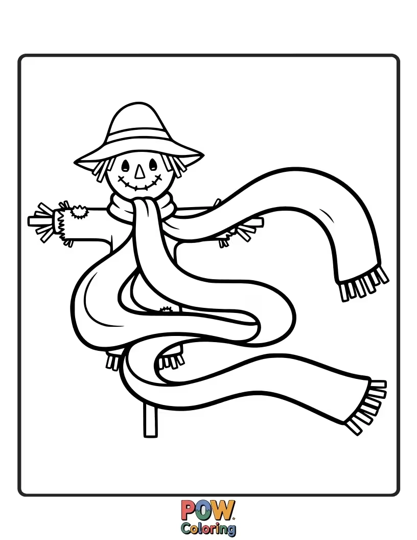 Free coloring page of A scarecrow is adorably tangled in its own ridiculously long, patterned scarf.