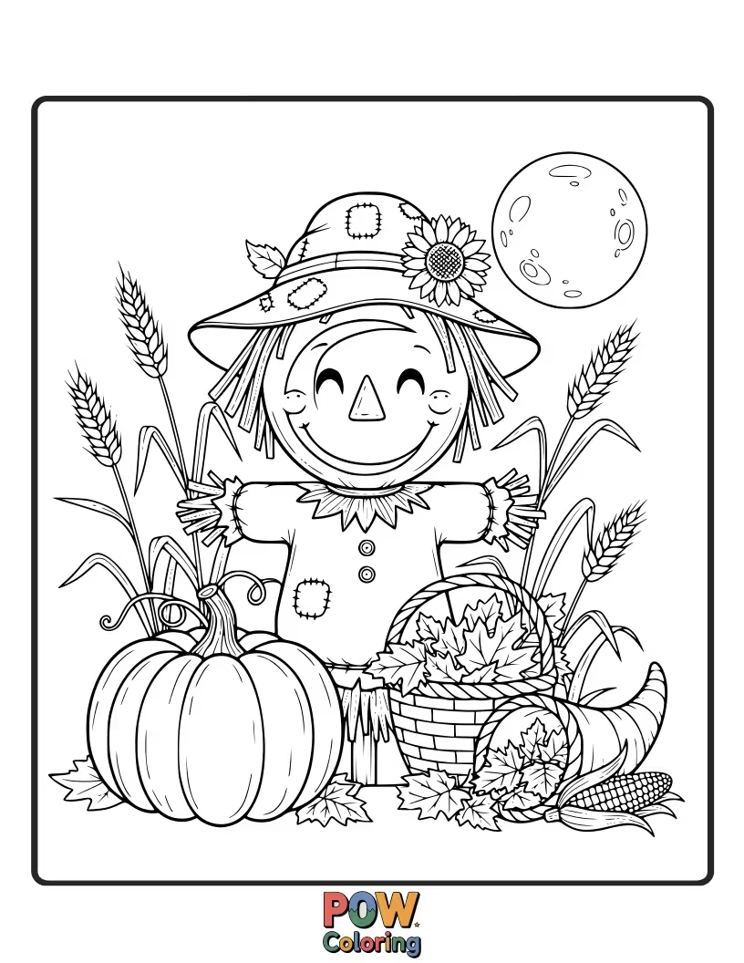 Free coloring page of A friendly scarecrow dressed in festive autumn clothes stands proudly in a field of pumpkins. A classic, welcoming sight.
