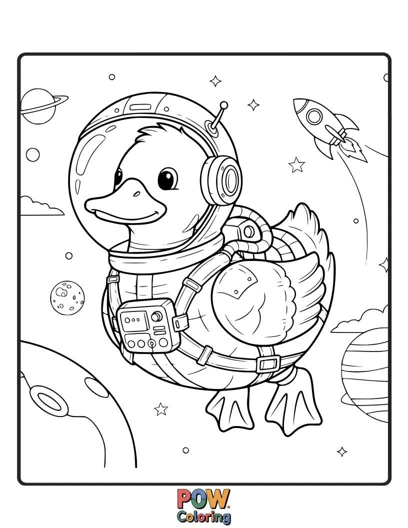 Free coloring page of Blast off with this adventurous duck in a rocket ship, exploring the starry cosmos.