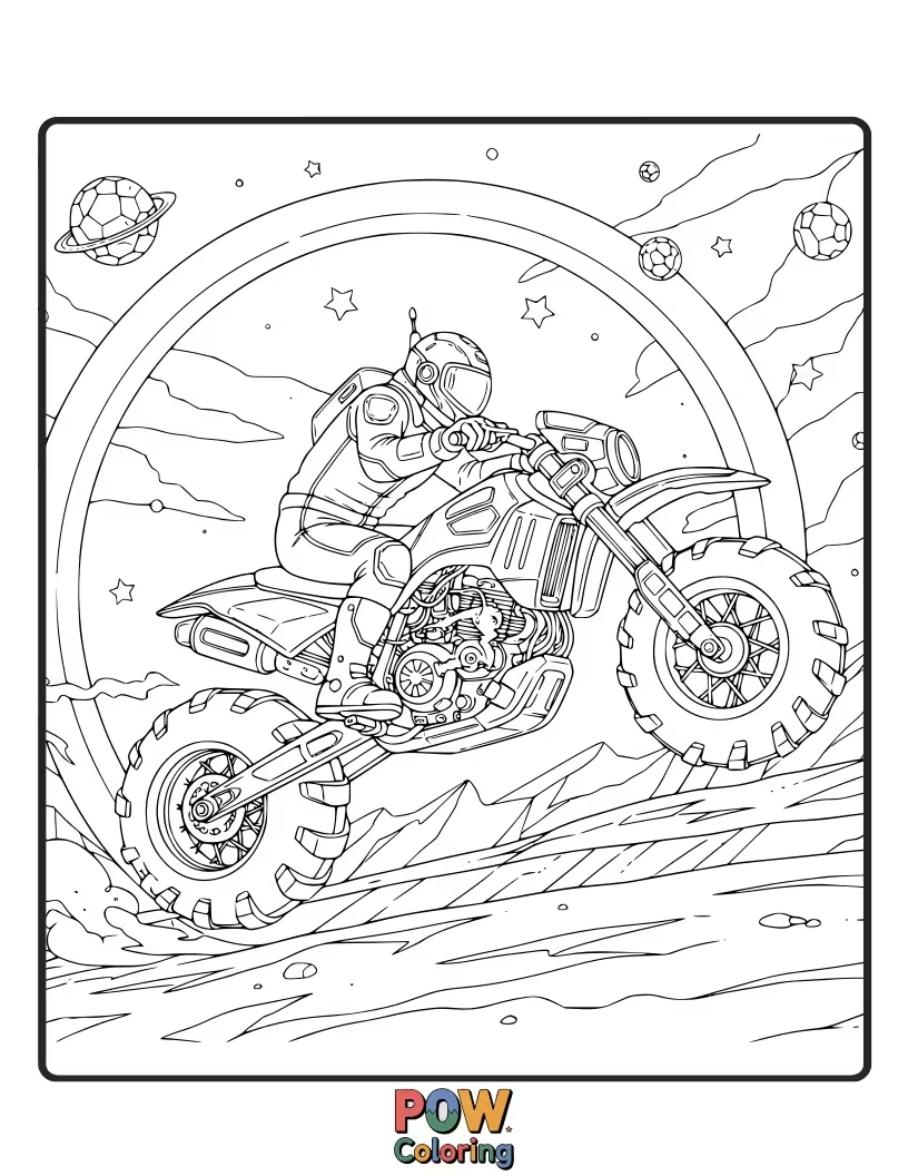 Free coloring page of A sleek, alien-inspired dirt bike racing on a glowing, extraterrestrial circuit.
