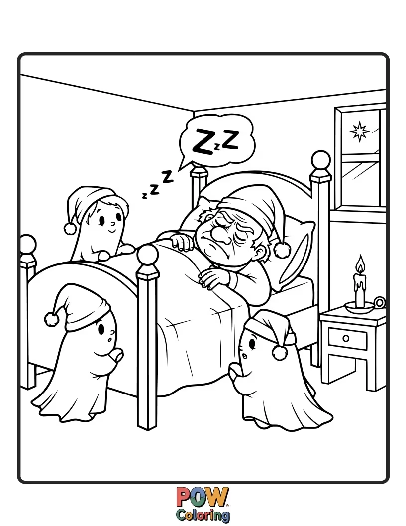 Free coloring page of A surprisingly contented Scrooge McDuck enjoys a peaceful Christmas Eve by a cozy fire.