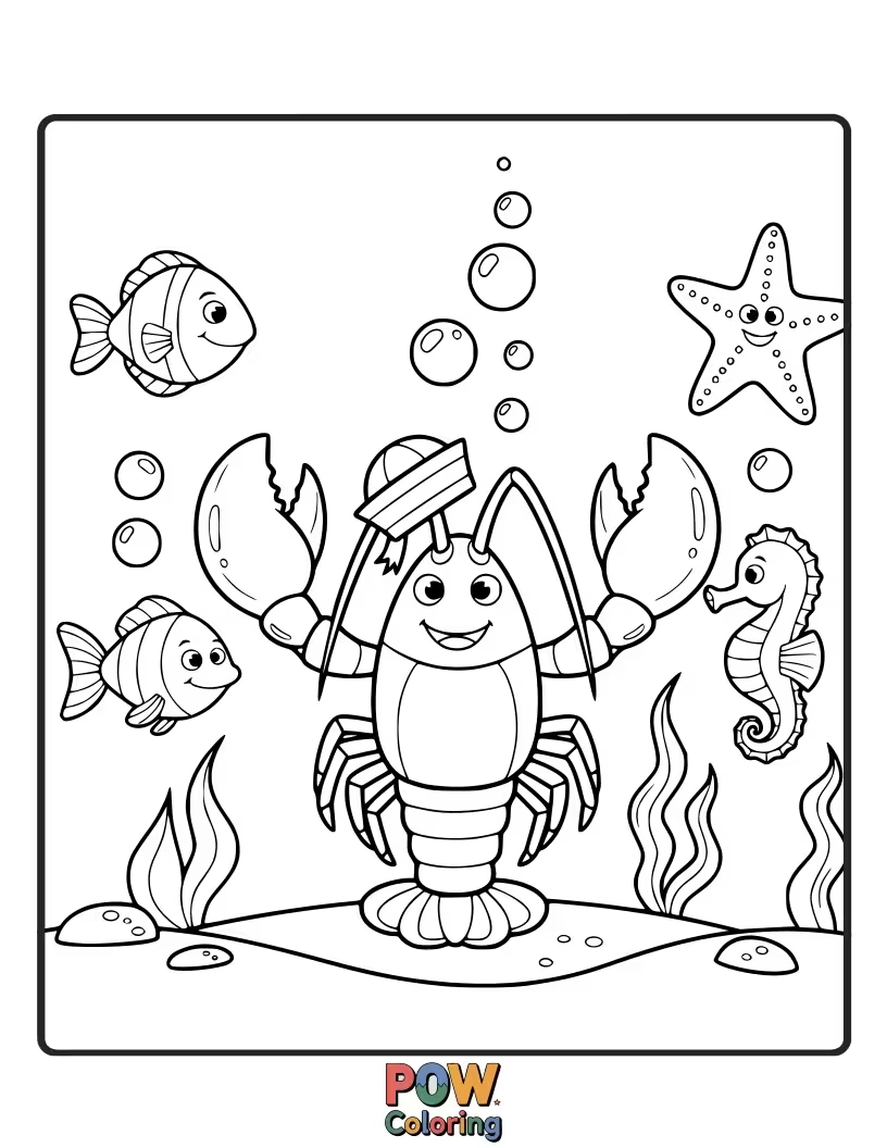 Free coloring page of A determined lobster with its claws raised in a heroic pose, ready for adventure.