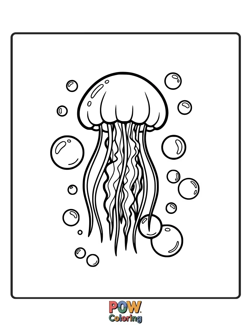 Free coloring page of A whimsical jellyfish gracefully floating, emitting playful bubbles and surrounded by shimmering water.