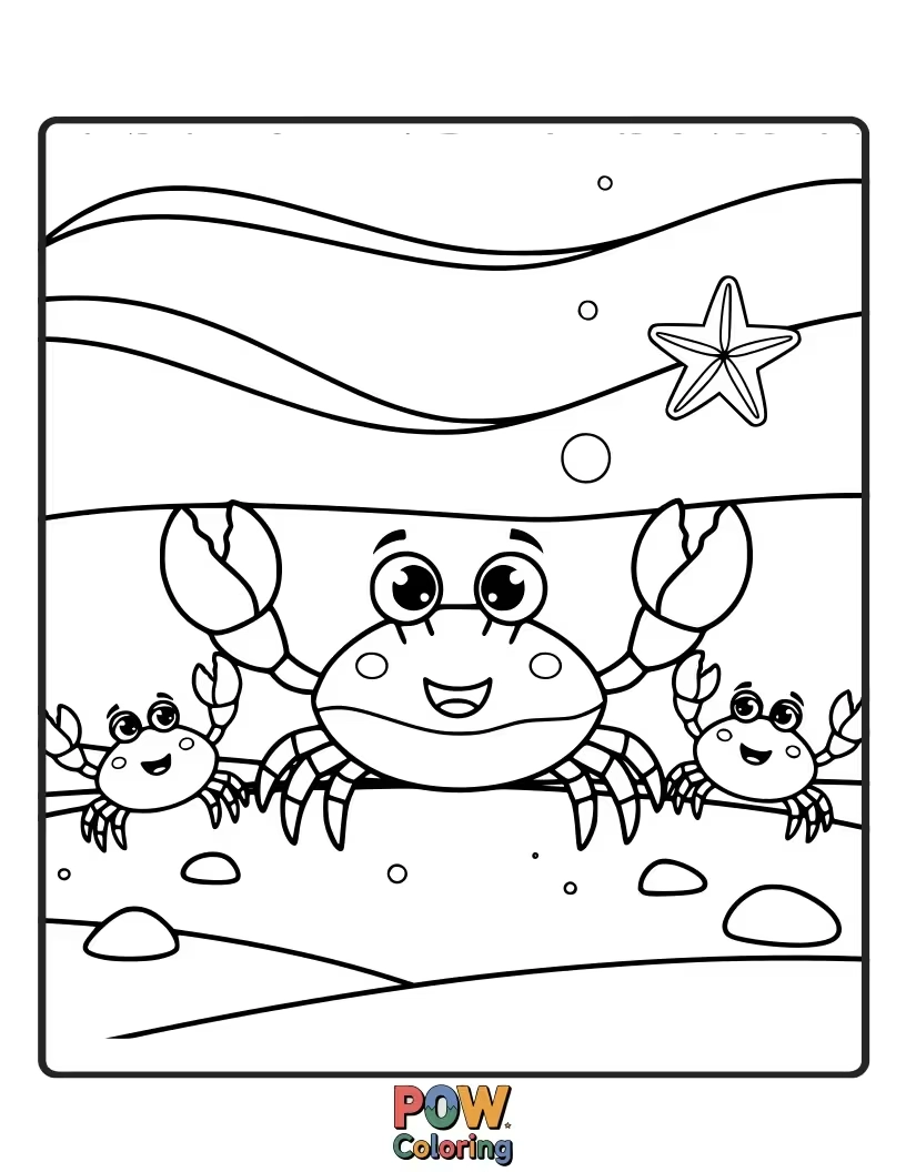 Free coloring page of A happy family of crabs, all scuttling together with smiles and joined claws.