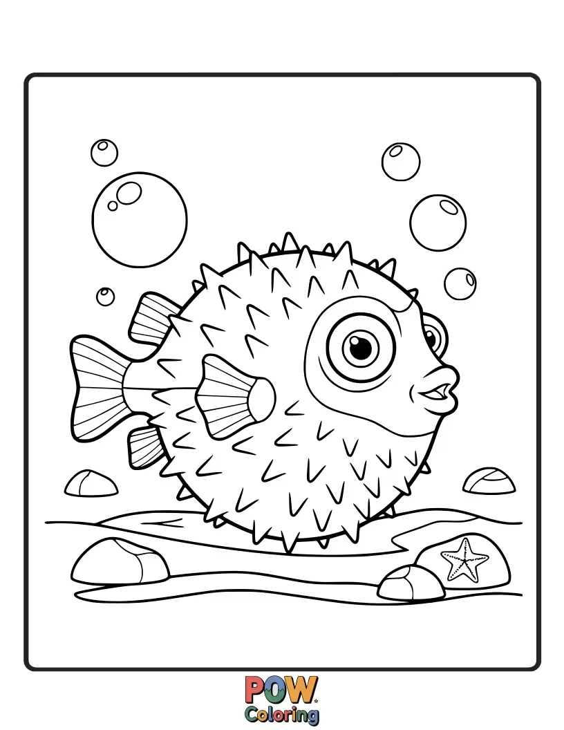 Free coloring page of A round pufferfish with big, wondering eyes, looking ready to puff up with surprise.