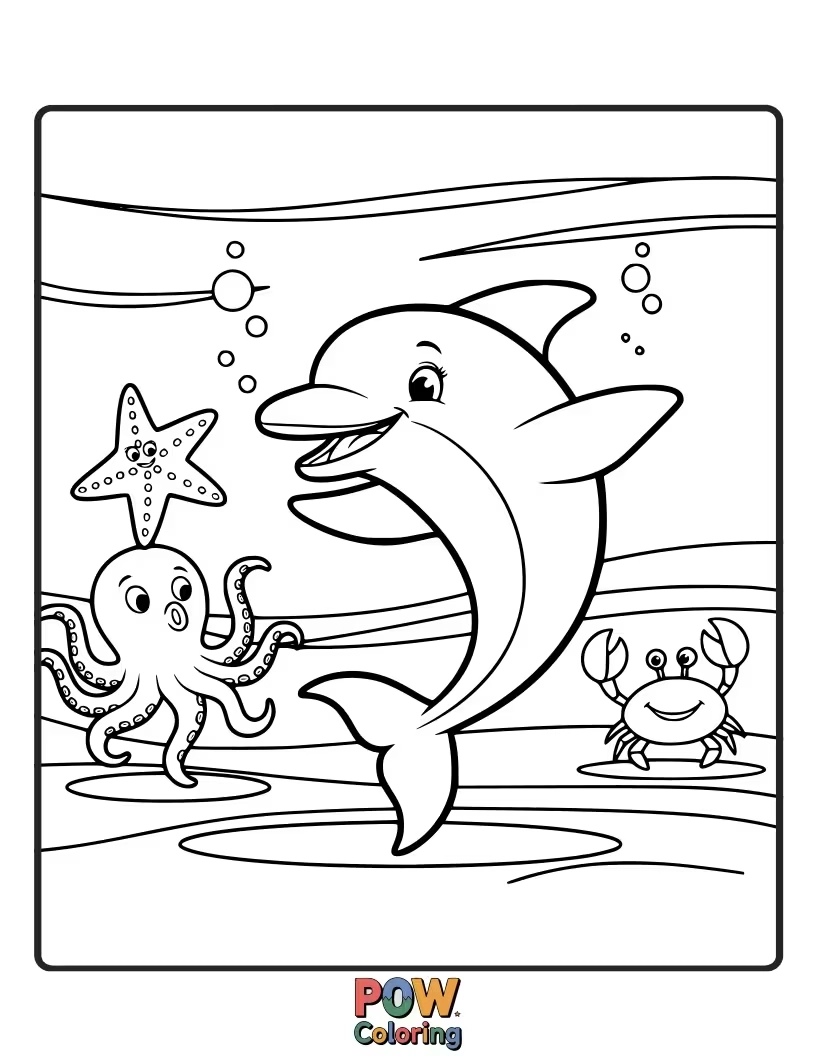 Free coloring page of A joyful dolphin leaping out of the water, performing a graceful and energetic dance.