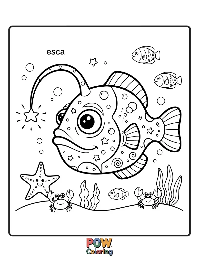 Free coloring page of A surprisingly cute anglerfish with a glowing lure, smiling sweetly in the deep sea.