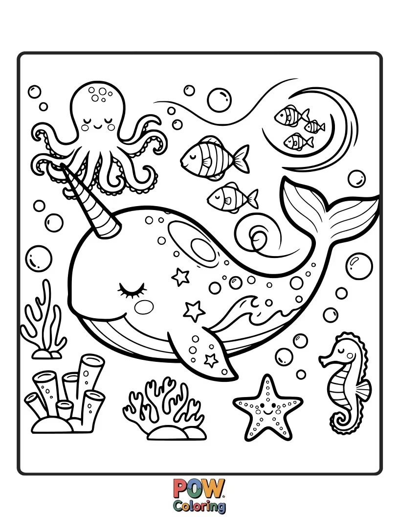 Free coloring page of A gentle narwhal with its iconic spiraled horn, gazing peacefully at the underwater world.