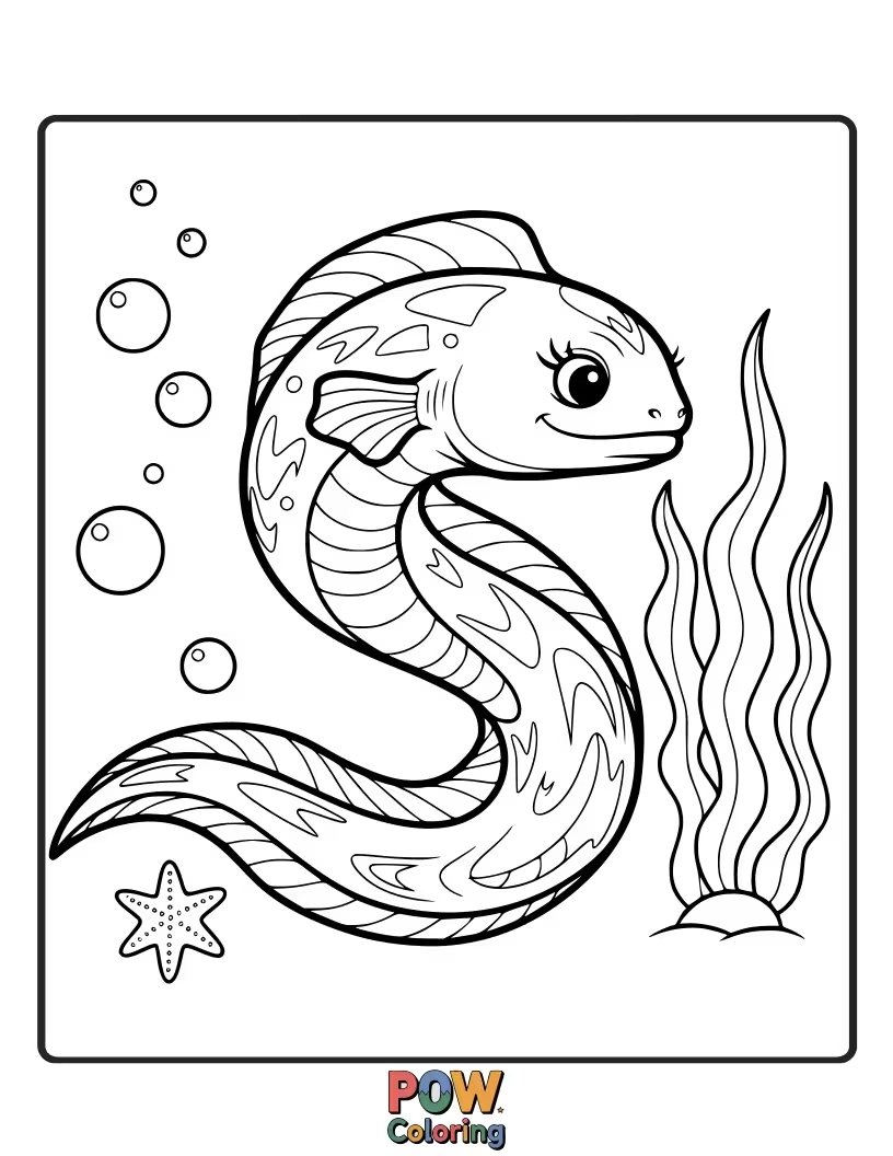 Free coloring page of A sleek, serpentine eel gracefully winding through colorful seaweed, looking graceful and serene.