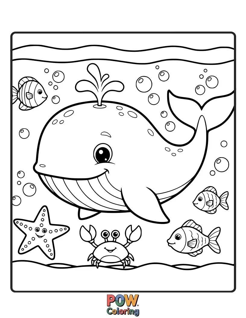 Free coloring page of A large, benevolent whale with a warm smile, surrounded by tiny, curious fish.