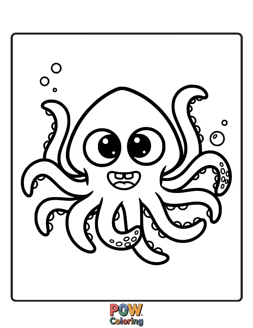 Free coloring page of A cheerful squid with a wide grin, wiggling its tentacles in a fun, bouncy way.