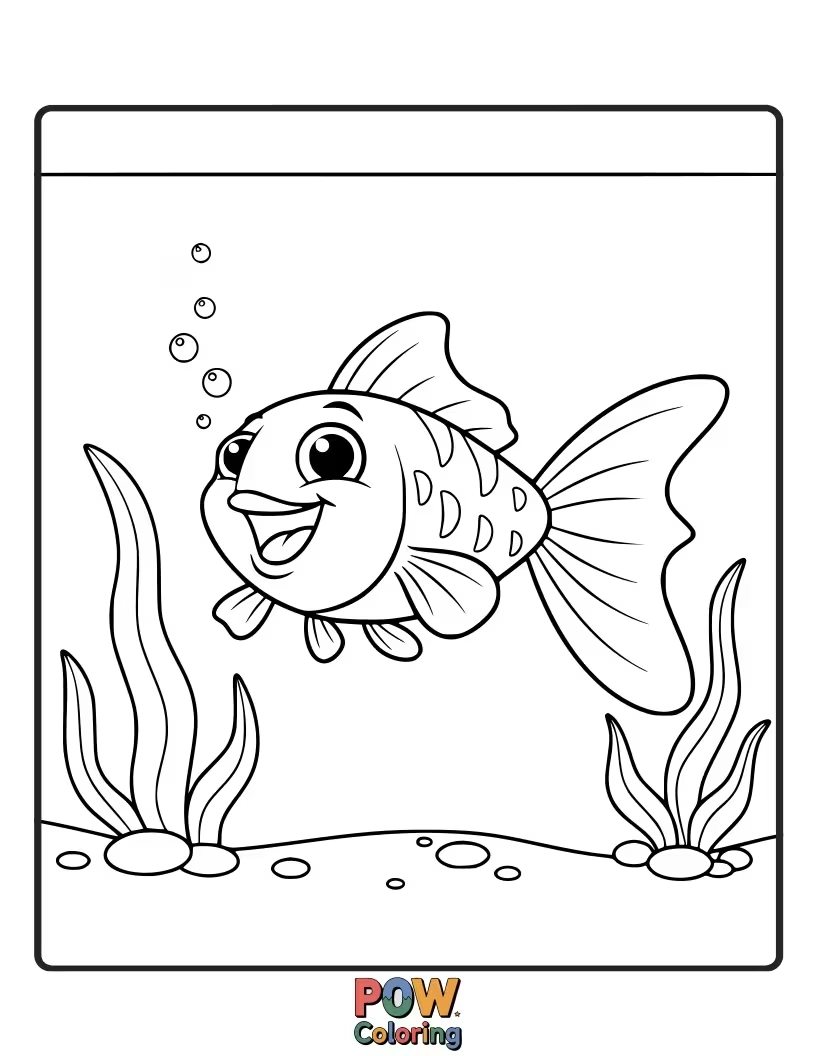 Free coloring page of A tiny, iridescent guppy with a contagious giggle, surrounded by bubbles.