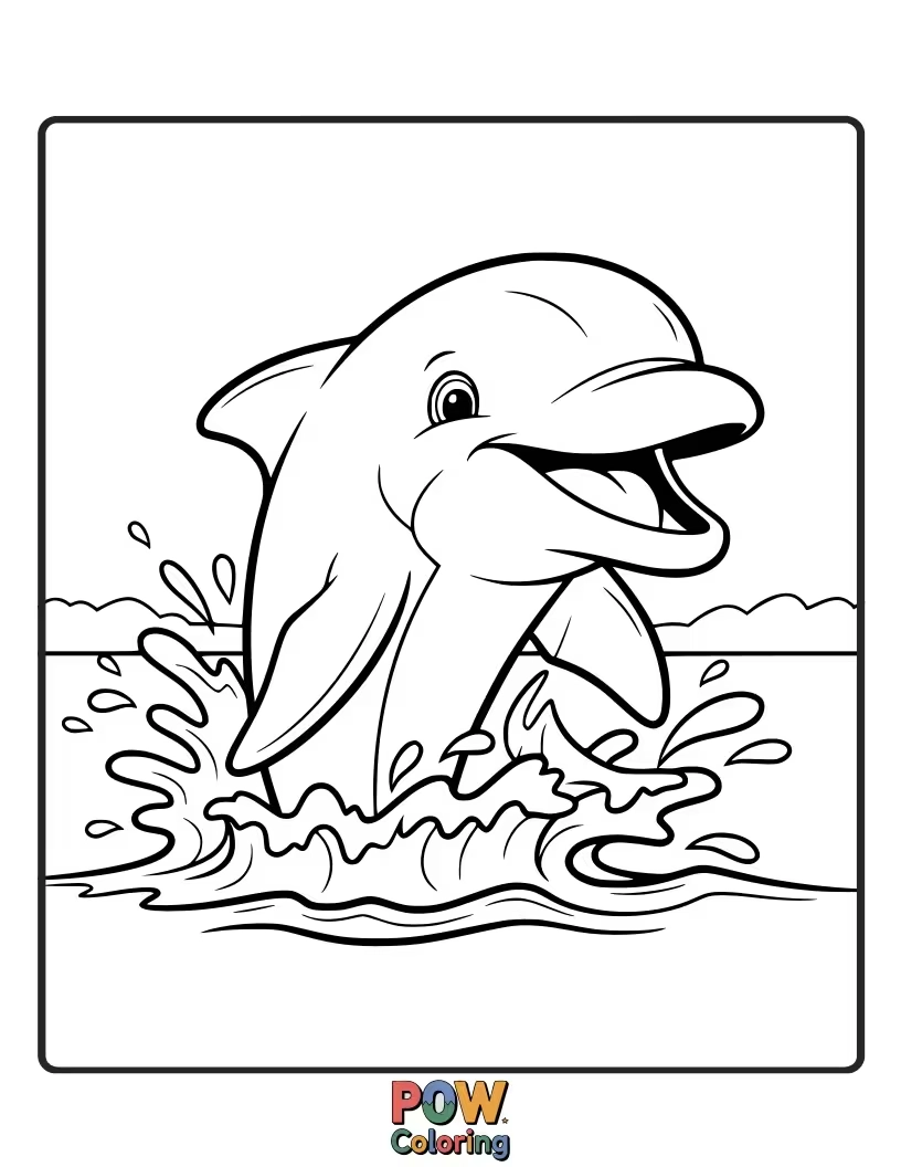 Free coloring page of A dolphin with a wide, infectious grin, splashing playfully in the waves.
