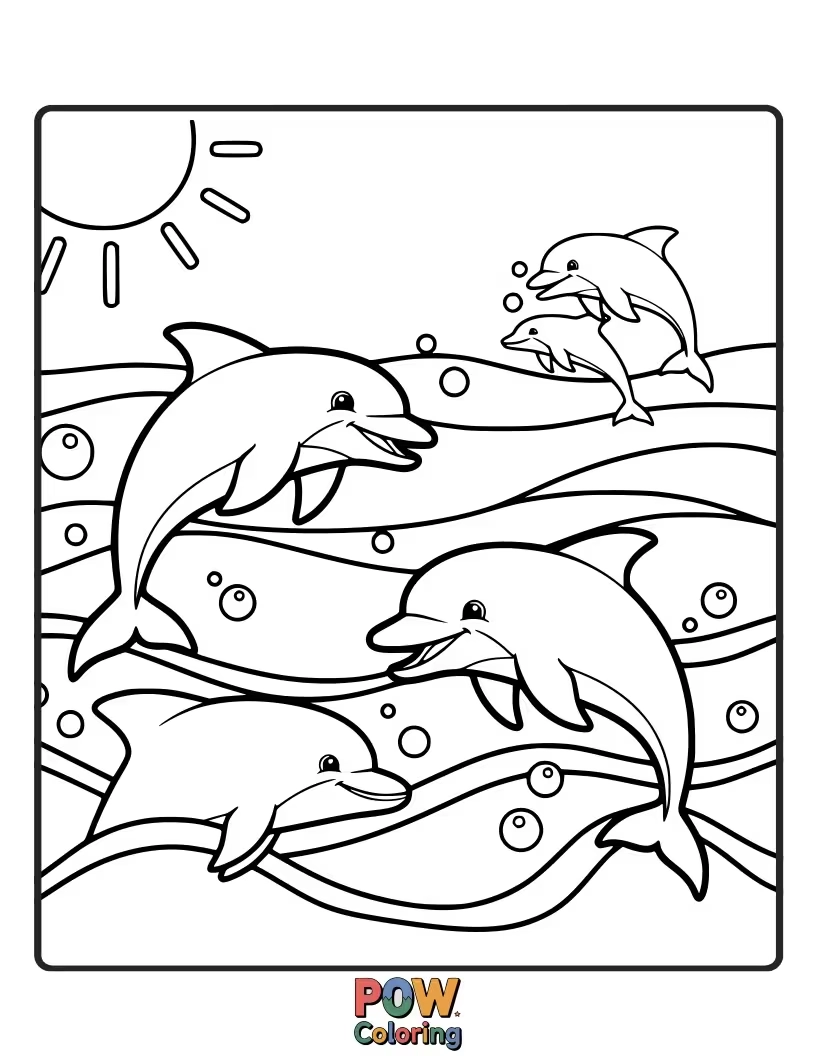 Free coloring page of A group of happy dolphins leaping and playing together in a playful, synchronized dance.