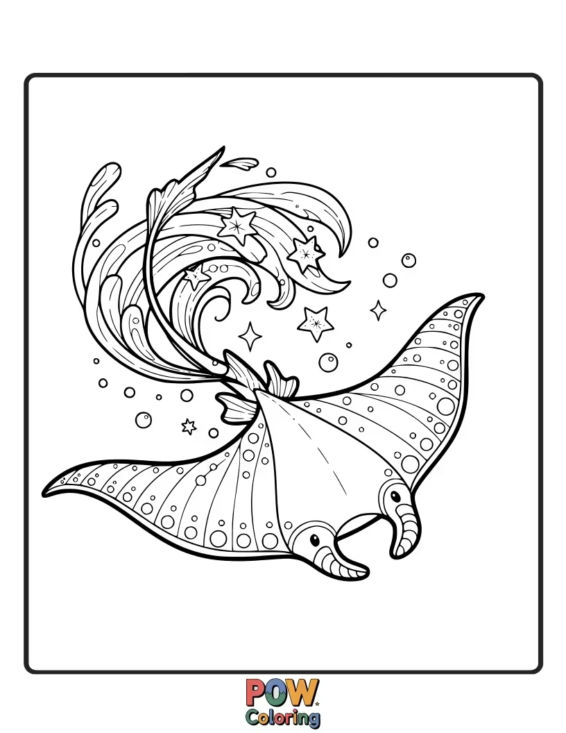 Free coloring page of A magnificent manta ray gliding through the water with its wings spread wide, like a graceful dancer.
