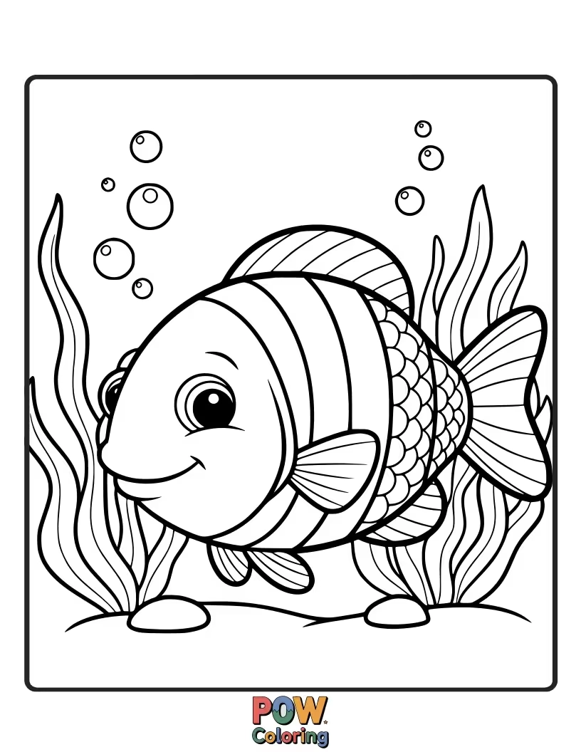 Free coloring page of A dazzling fish with scales of every color, swimming through vibrant coral reefs.