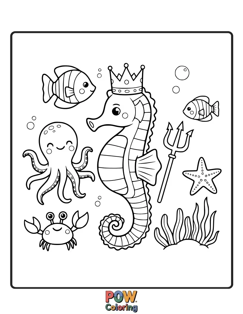 Free coloring page of A majestic seahorse wearing a tiny crown, ruling over its underwater kingdom.