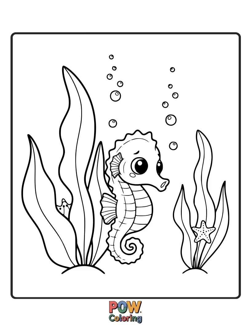 Free coloring page of A small seahorse peeking out from behind a sea plant, with bashful eyes and a gentle demeanor.