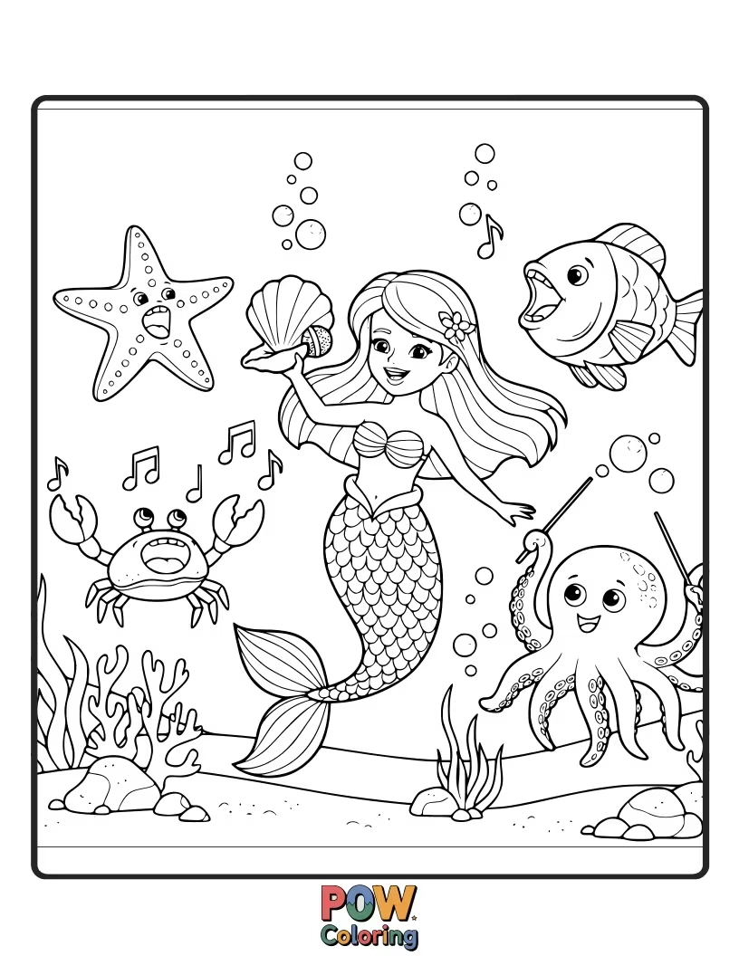 Free coloring page of A beautiful mermaid with a seashell microphone, singing a lovely melody to sea creatures.