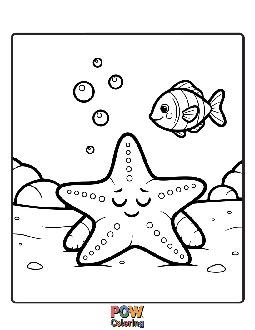 Free coloring page of A gentle starfish resting peacefully on sandy ocean floor, with sleepy eyes and a contented smile.