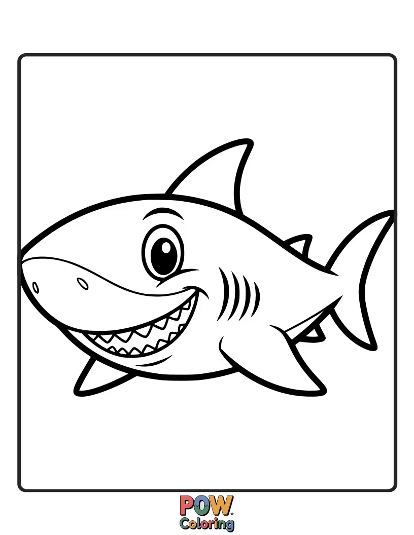 Free coloring page of A friendly shark with a goofy grin, looking less intimidating and more like a playful friend.