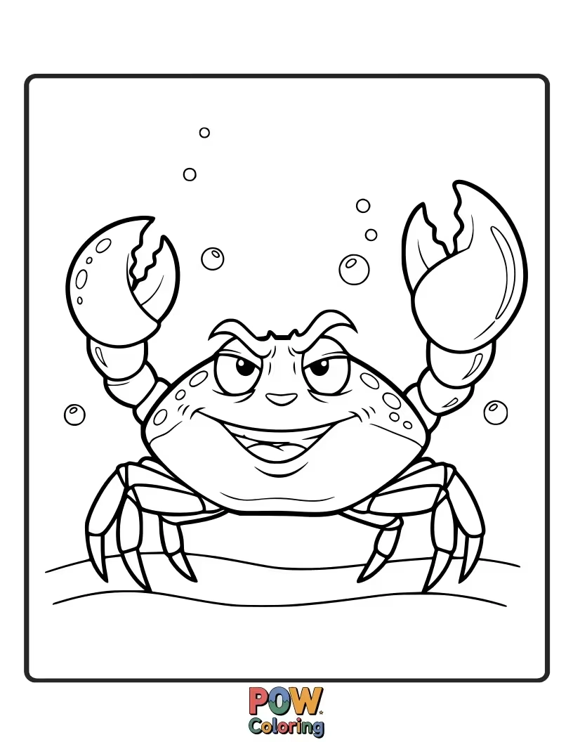 Free coloring page of A confident crab scuttling sideways, proudly displaying its claws with a knowing, happy expression.