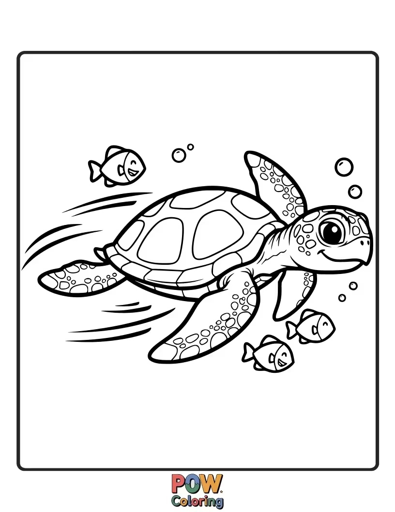 Free coloring page of A determined sea turtle with a joyful expression, swimming fast through the clear blue water.
