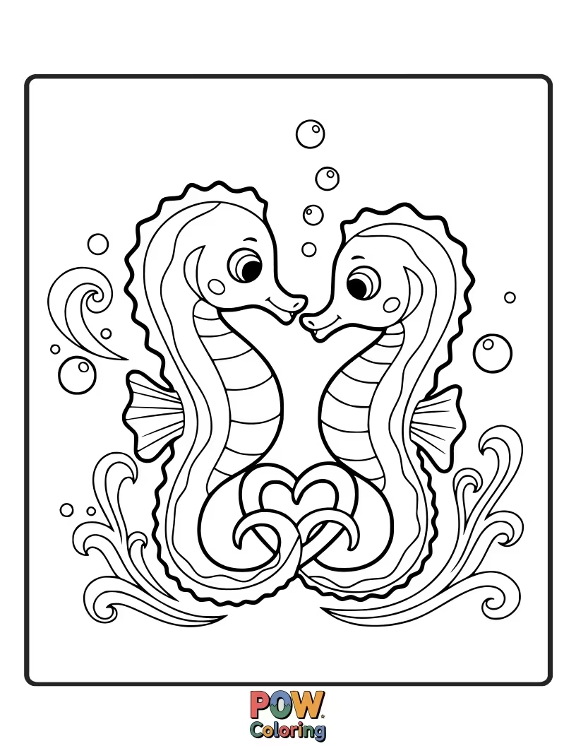 Free coloring page of A sweet pair of seahorses holding tails, swaying gently in the ocean currents.