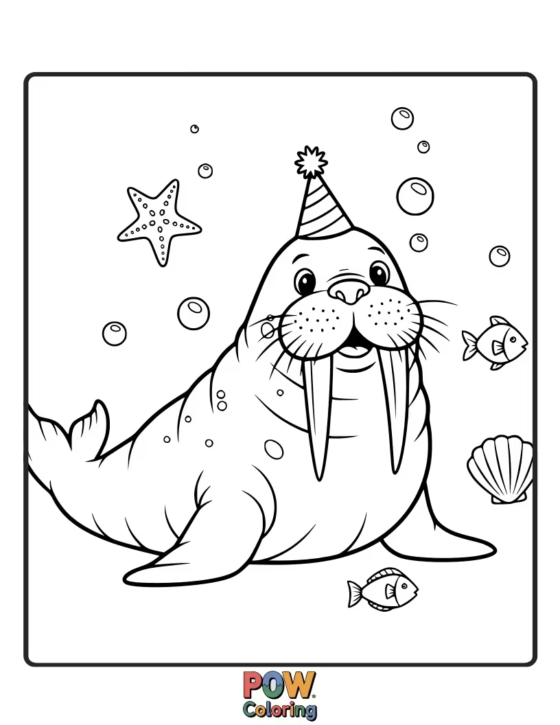 Free coloring page of A majestic walrus with long, curved tusks and a jolly expression, lounging on the ice.