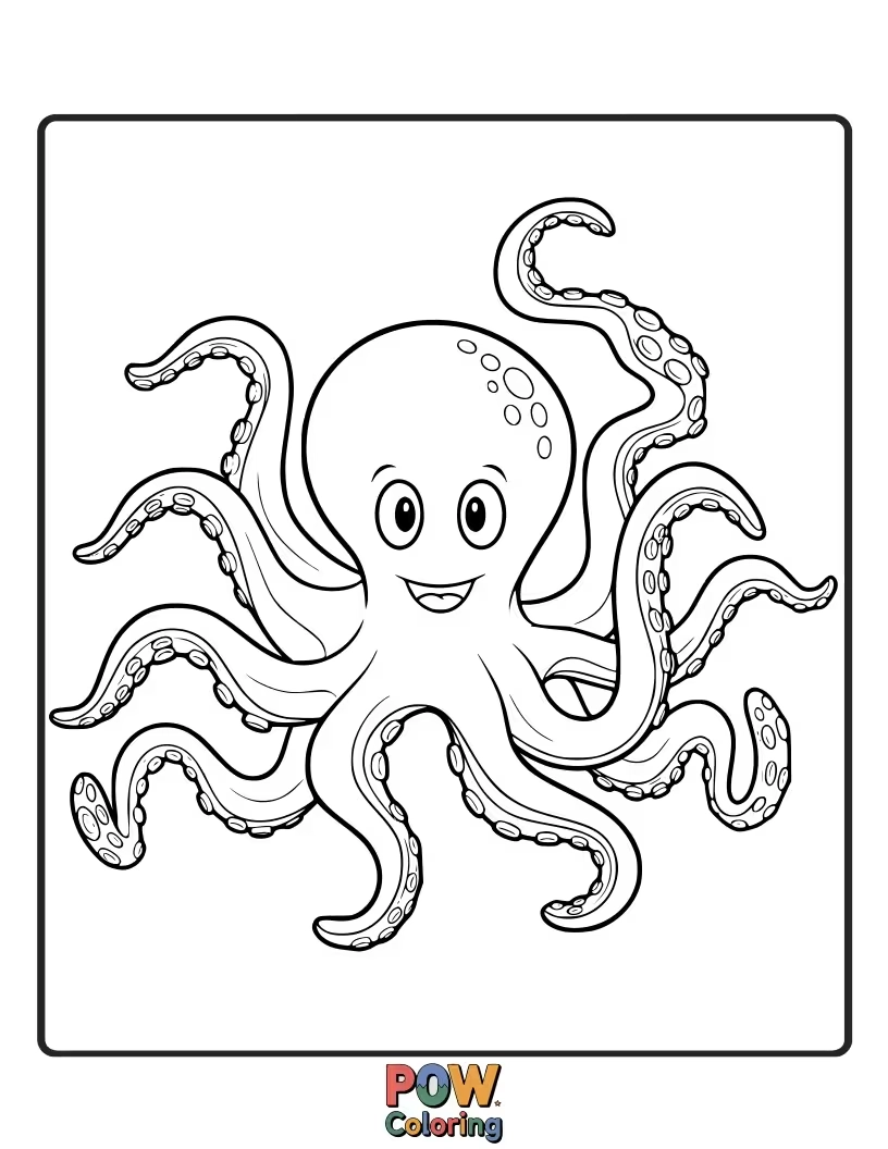 Free coloring page of A playful octopus with eight bendy arms, getting tangled up in a silly, fun way.