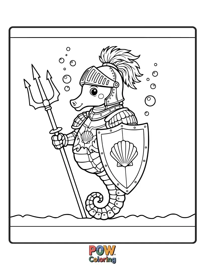 Free coloring page of A brave seahorse adorned in shining knight’s armor, ready to defend the coral kingdom.