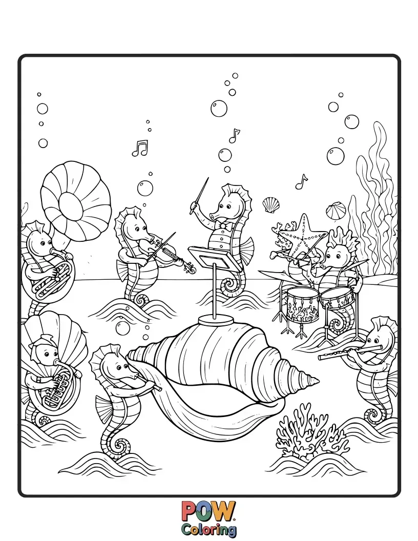 Free coloring page of A collection of seahorses playing various tiny instruments, forming a charming underwater orchestra.