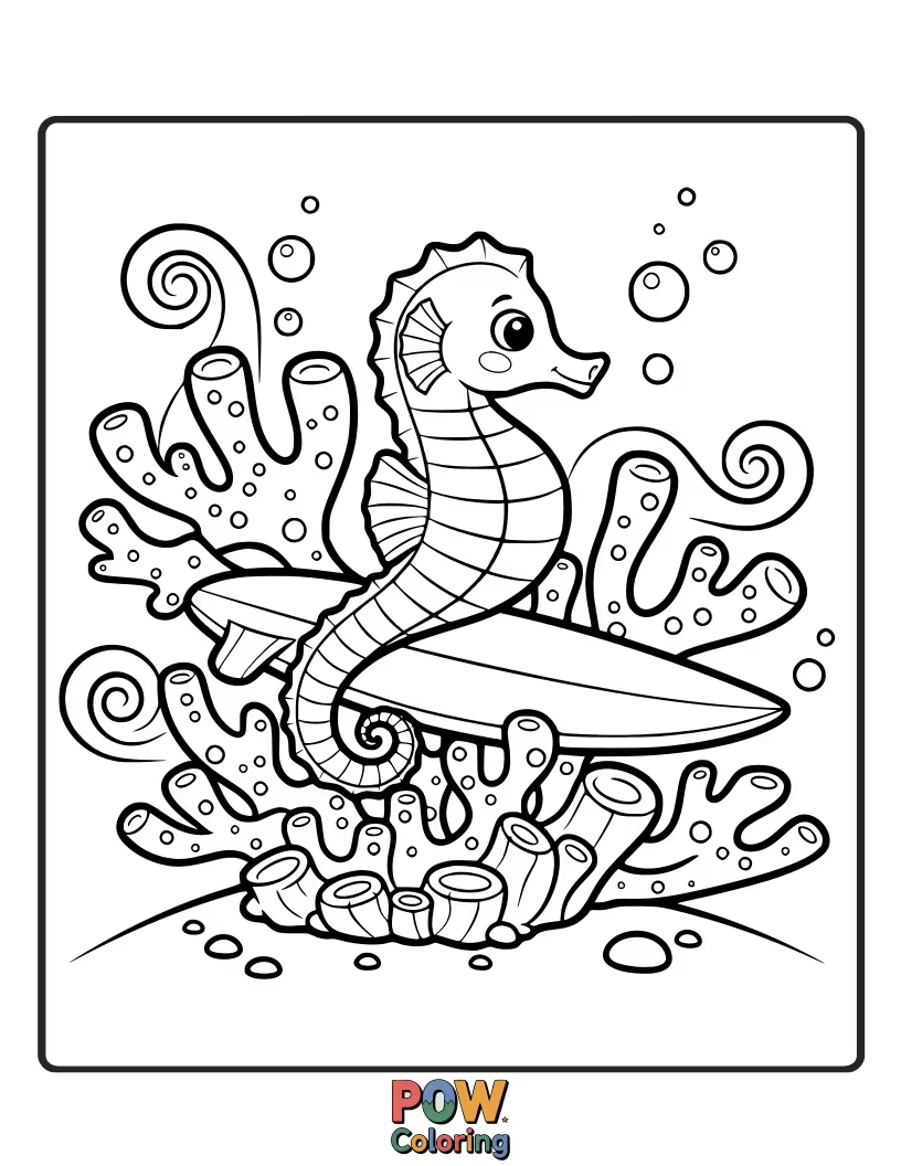 Free coloring page of A tiny seahorse gracefully rides a gentle wave through a vibrant coral garden, surrounded by aquatic plants.