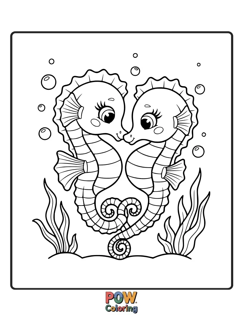 Free coloring page of Two elegant seahorses are intertwined, their tails forming a perfect heart, symbolizing their devoted Valentine's love.