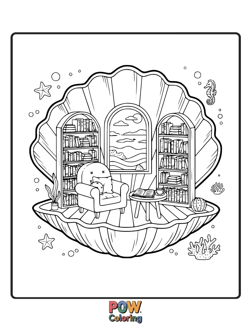 Free coloring page of A cozy reading corner featuring a giant seashell as a comfortable armchair, surrounded by tiny books.