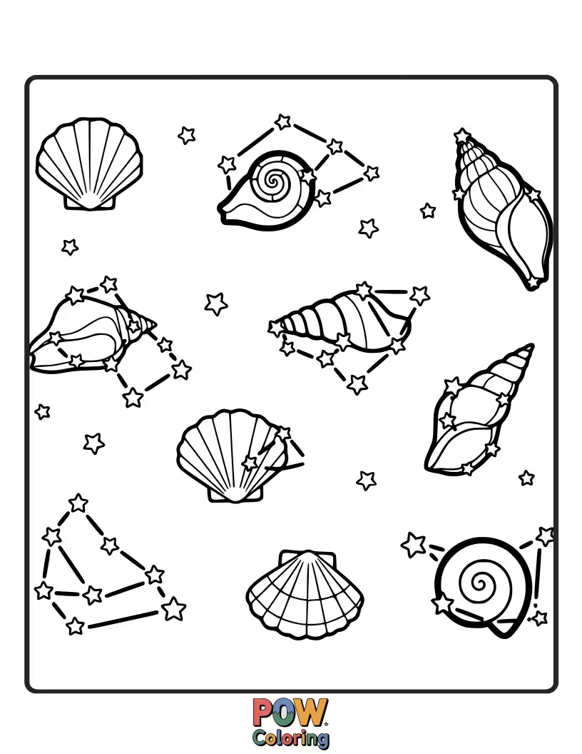 Free coloring page of Seashells arranged to form beautiful, glowing constellations in a starry night sky for imaginative coloring.