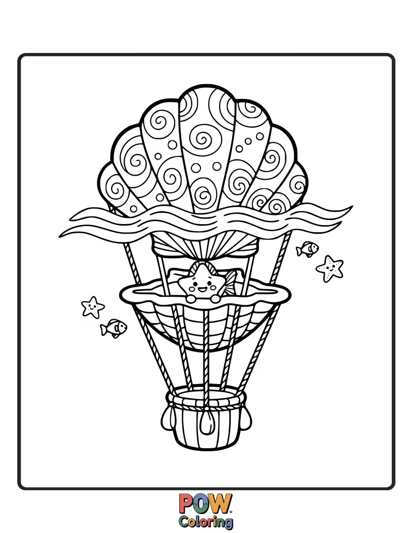 Free coloring page of A large, decorative seashell functioning as a hot air balloon, drifting serenely over the ocean waves.