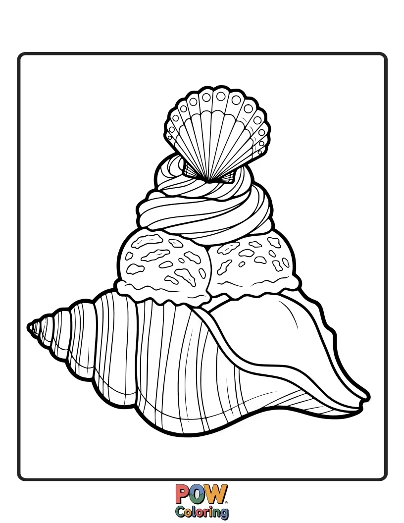 Free coloring page of A whimsical seashell shaped like a delightful ice cream cone, topped with colorful sprinkles and a cherry.