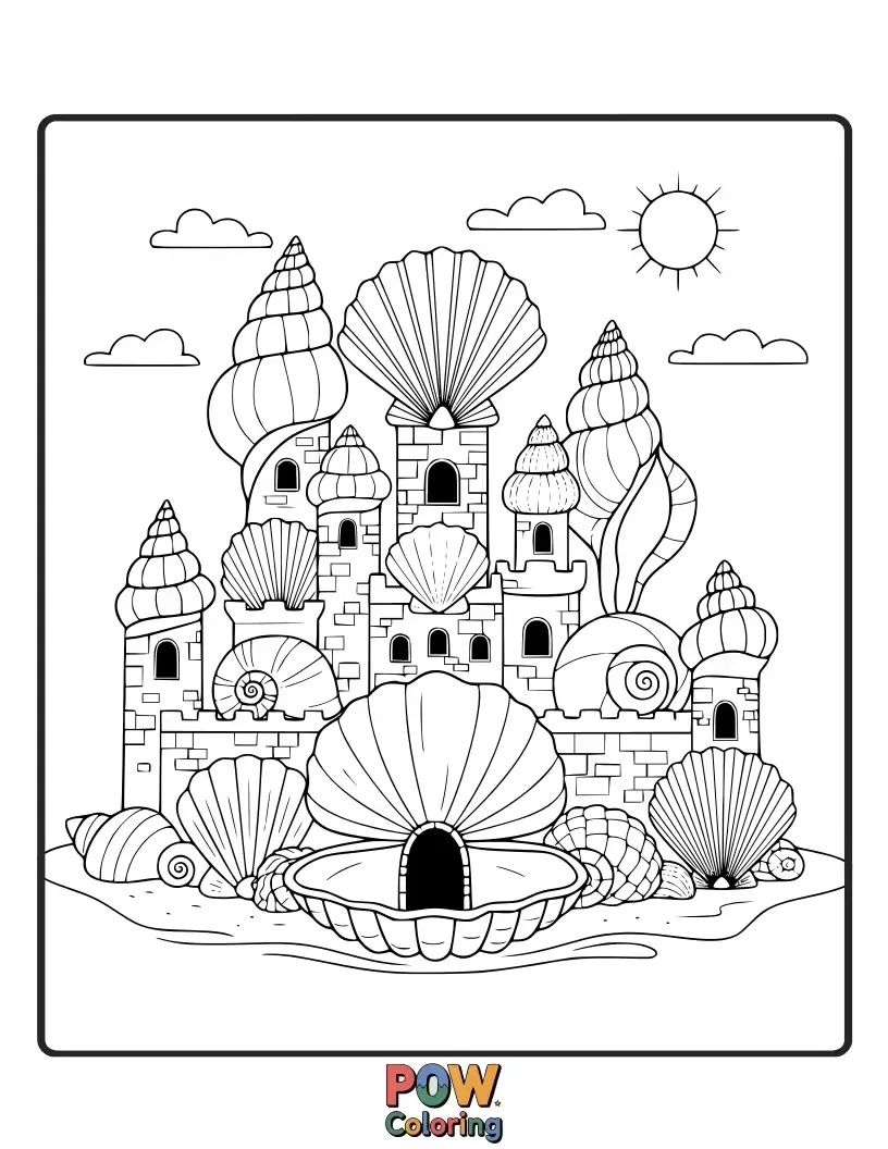 Free coloring page of A magnificent sandcastle built entirely from various beautiful seashells, guarded by playful dolphins jumping nearby.