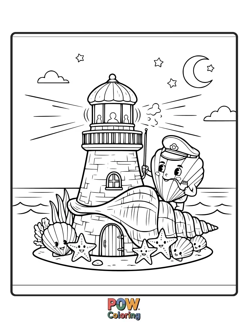 Free coloring page of A wise-looking seashell character diligently tending to a seashell lighthouse, guiding ships home.