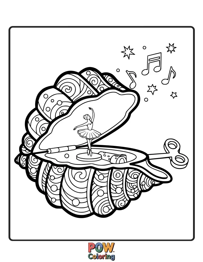 Free coloring page of An intricate seashell designed as a magical music box, ready to play a colorful tune.