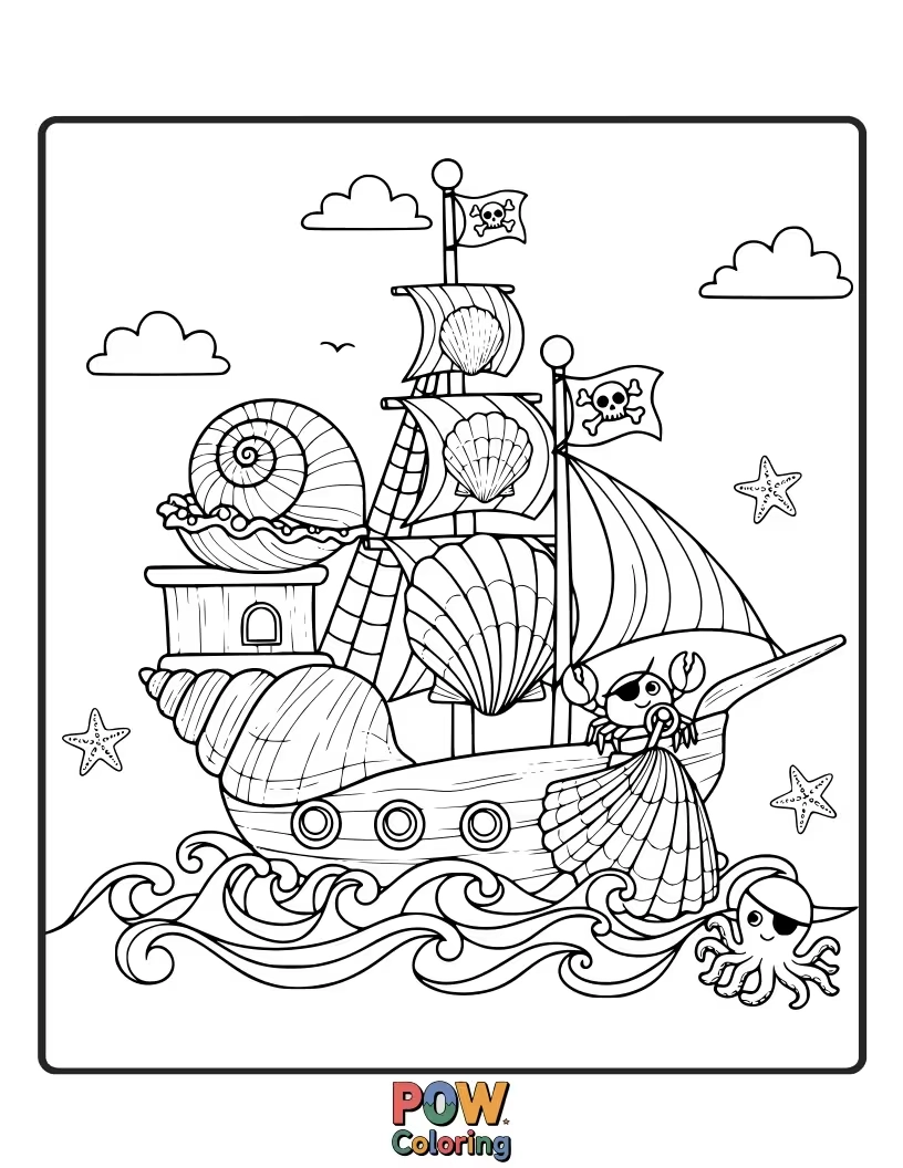 Free coloring page of A fierce-looking seashell creatively fashioned into a pirate ship, complete with a flag and spyglass.