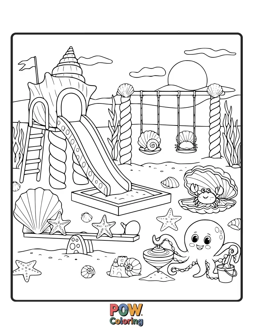 Free coloring page of Seashells transformed into slides, swings, and climbing structures, creating a fun-filled ocean playground.
