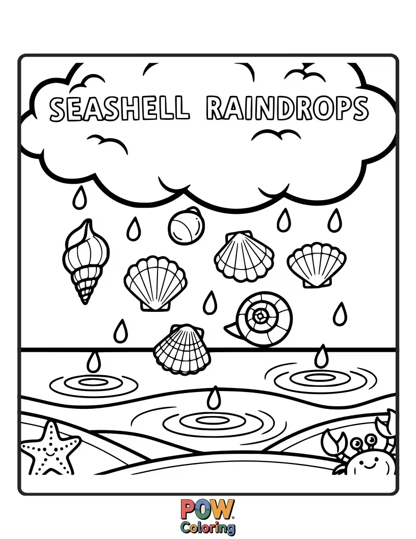 Free coloring page of A collection of small, delicate seashells falling like gentle raindrops, creating a unique, artistic pattern.